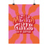 Retro-style poster with psychedelic 1970s-inspired design. Text reads "WEIRD GIRLS DO IT BETTER" in wavy, groovy lettering. Pink and orange sunburst background. Centered text surrounded by curved rays. Bold red frame with scalloped edges. Vibrant colors and playful typography create a vintage hippie vibe. Square format print with rounded corners. Perfect for fans of retro aesthetics and empowering slogans.
